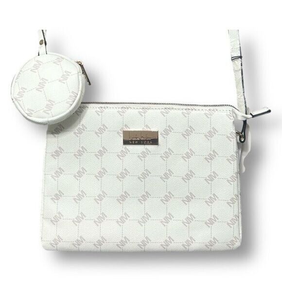 Nicole Miller NWT Bone Logo Crossbody Bag Coin Pouch Gold Hardware Purse Chic - Picture 1 of 11